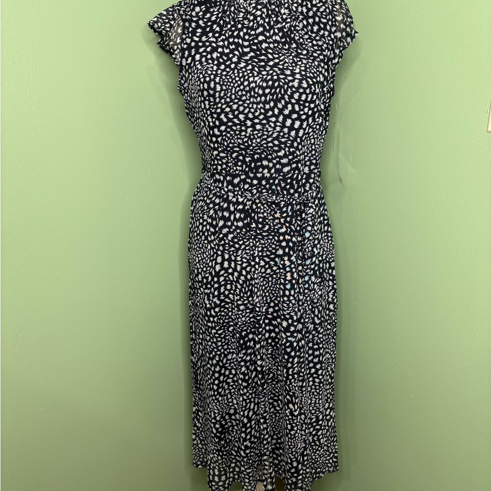 Nina Leonard Navy and White Printed Tie-Waist Midi Dress - Picture 3 of 14